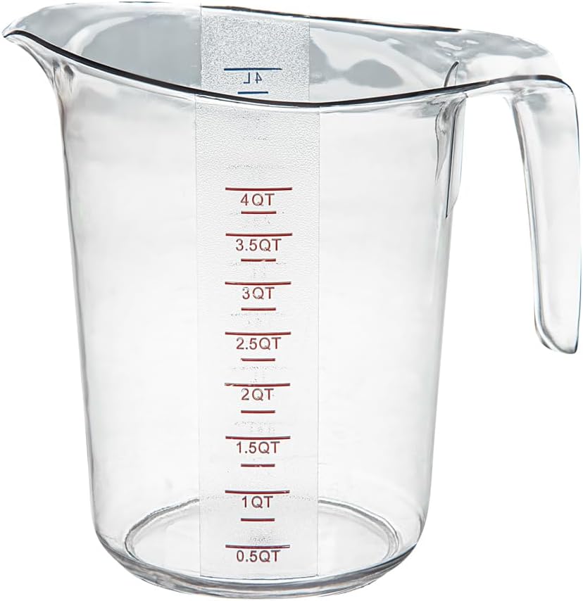 Restaurantware RW Base 4 Quart Measuring Jars 10 Durable Measuring Beakers - Metric And Imperial Units V-Shaped Spout Clear Plastic Measuring Cups Handle With Thumb-Grip Tolerates Up To 248F
