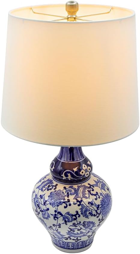 Montary 27.6' Chinoiserie Table Lamp, Classic Blue and White Round Ceramic Vase Lamp, Traditional Bedside Desk Nightstand Lamp for Bedroom Living Room Office College Bookcase Console