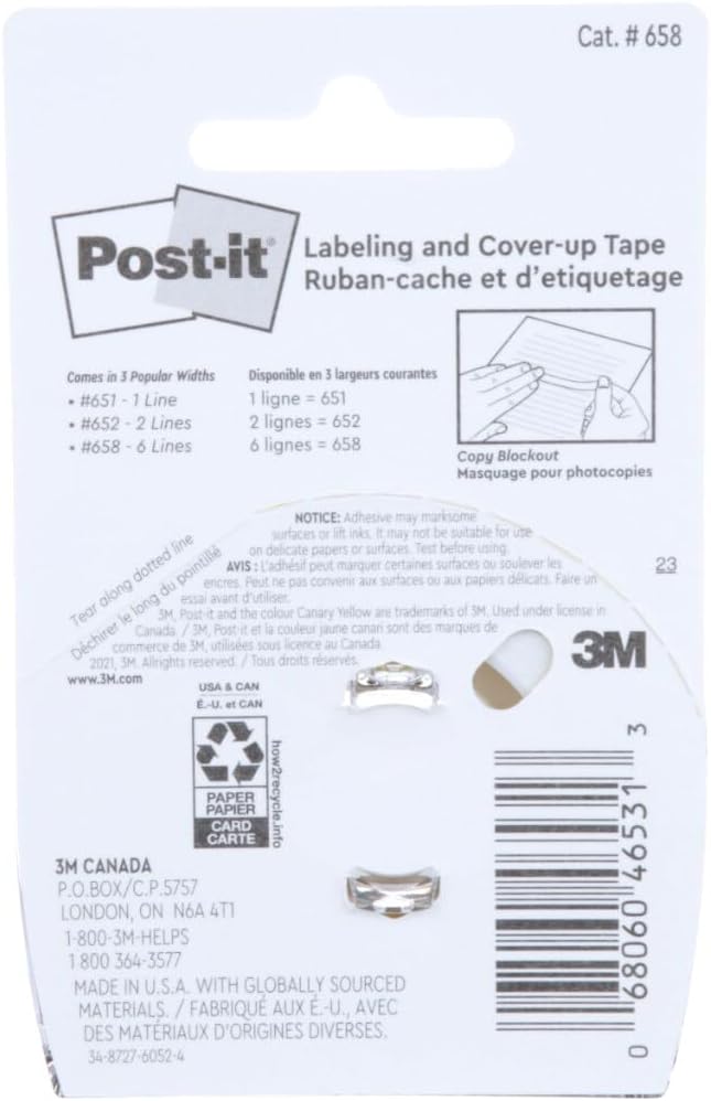 Post-it Labeling and Cover-up Tape 658, 1 in x 700 in (25.4 mm x 17.7 m) - [24 Pack]