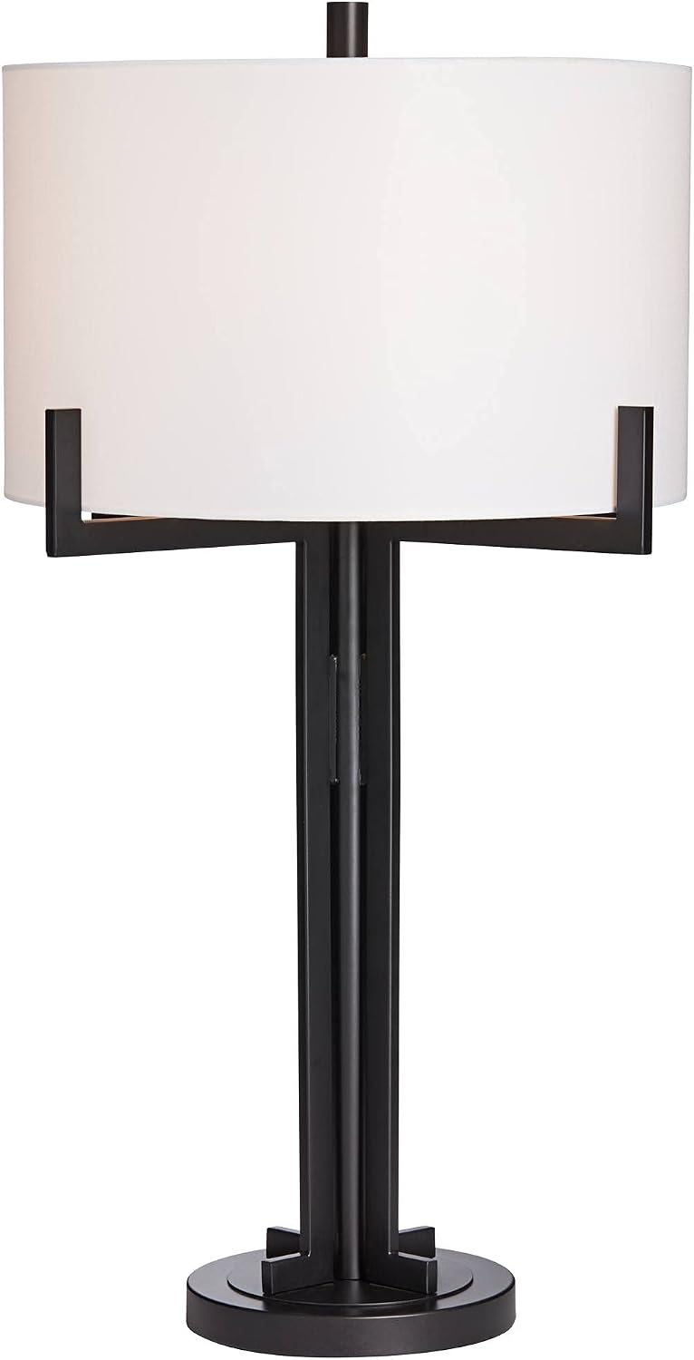 Franklin Iron Works Idira Modern Industrial Table Lamp with Dimmer and USB Charging Port 31 1/2' Tall Black Metal White Drum Shade Decor for Living Room Bedroom House Bedside Nightstand Home Office