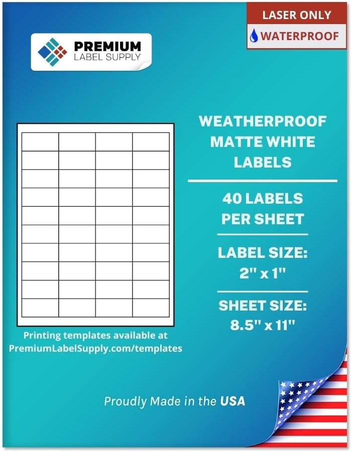 Premium Label Supply Waterproof Matte White Sticker Labels – 2' x 1' – Laser Printers Only – (40 Labels/Sheet), 500 Sheets - 20,000 Total Adhesive Labels