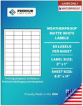Premium Label Supply Waterproof Matte White Sticker Labels – 2' x 1' – Laser Printers Only – (40 Labels/Sheet), 500 Sheets - 20,000 Total Adhesive Labels