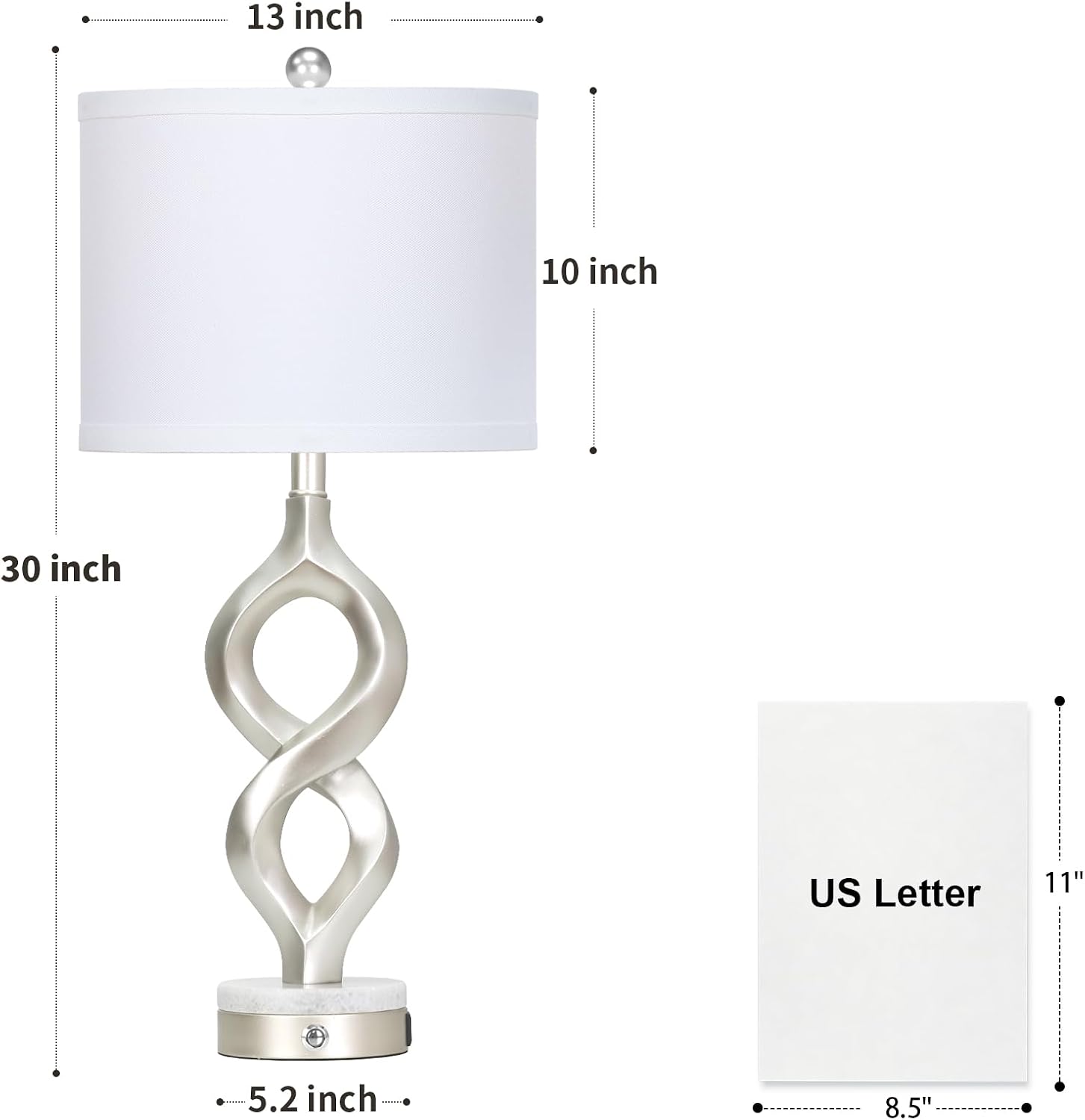 Cinyirong Silver Table Lamps Set of 2 for Living Room, 30' Tall Touch Control Bedside Lamps for Bedroom Nightstand, 3-Way Dimmable Modern Sculptural Table Lamp with USB A+C Ports and 2 LED Bulbs