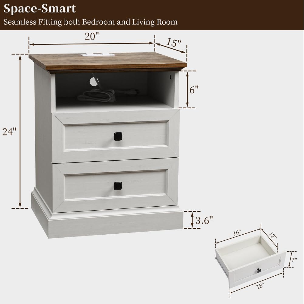 Night Stand with Charging Station, Bedside Table with 2 Drawers Storage and Open Shelf, 20' Wider Farmhouse White Nightstand with Outlets, Wood Modern End Table for Bedroom Office