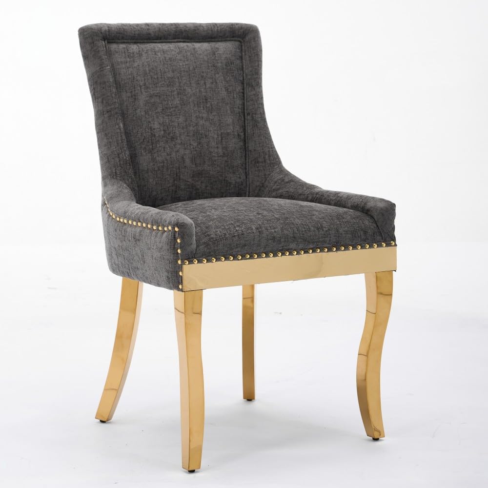 Chenille Dining Chairs Set of 2, Modern Upholstered Accent Chairs with Curved Gold-Plated Legs & Rivet Trim, Textured Fabric, One-Piece Structure for Dining/Lounge(Gray + Chenille)
