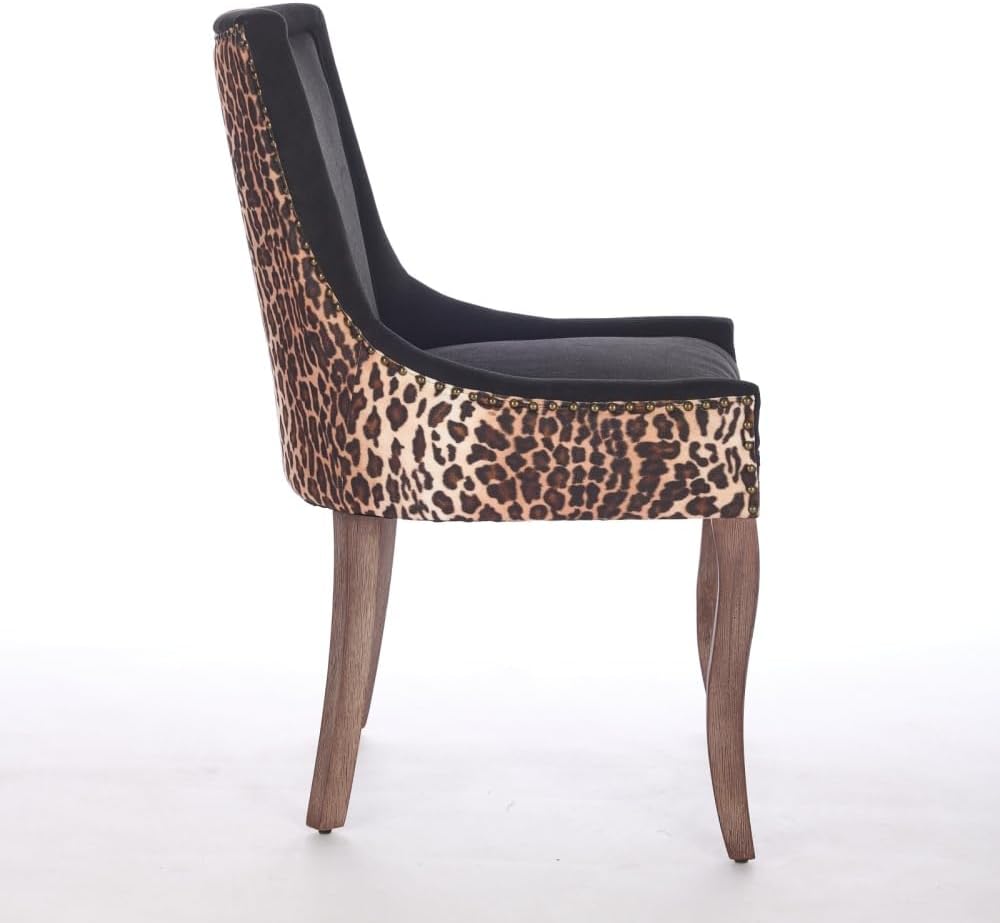 Dining Chairs Set of 2, Thickened Fabric Upholstered Chair with Neutral Solid Wood Legs & Bronze Nailhead Trim, Comfortable Accent Chairs for Dining Room/Kitchen/Living Space(Leopard + Fabric)