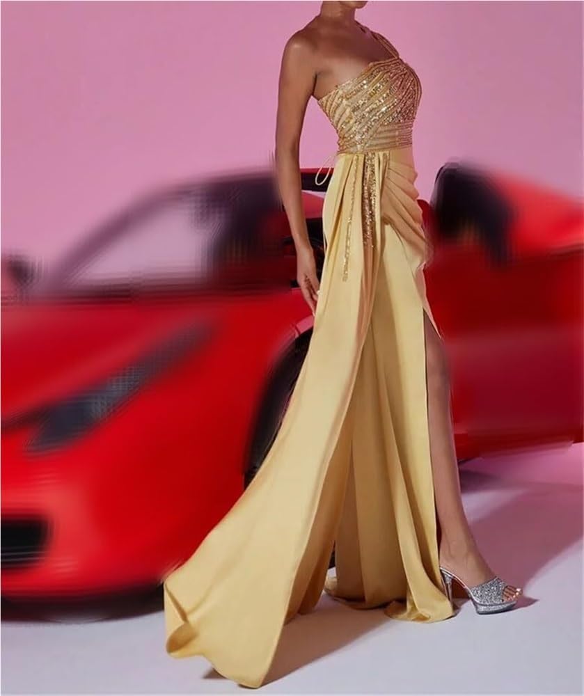 Women's Sequin Split Evening Dress Long Satin Streamer Wedding Party Gown Prom