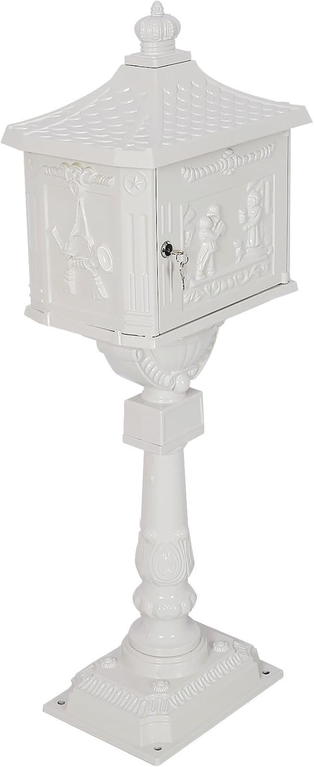 Cast Aluminum Post Mount Mailbox, Heavy Duty Courtyard Villa Decoration Vertical Security Postal Mailbox, White