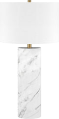 Henn&Hart 29.5' Glam 1-Light Table Lamp with White Fabric Drum Shade for Living Room, Bedroom, or Office, Carrara/Gold