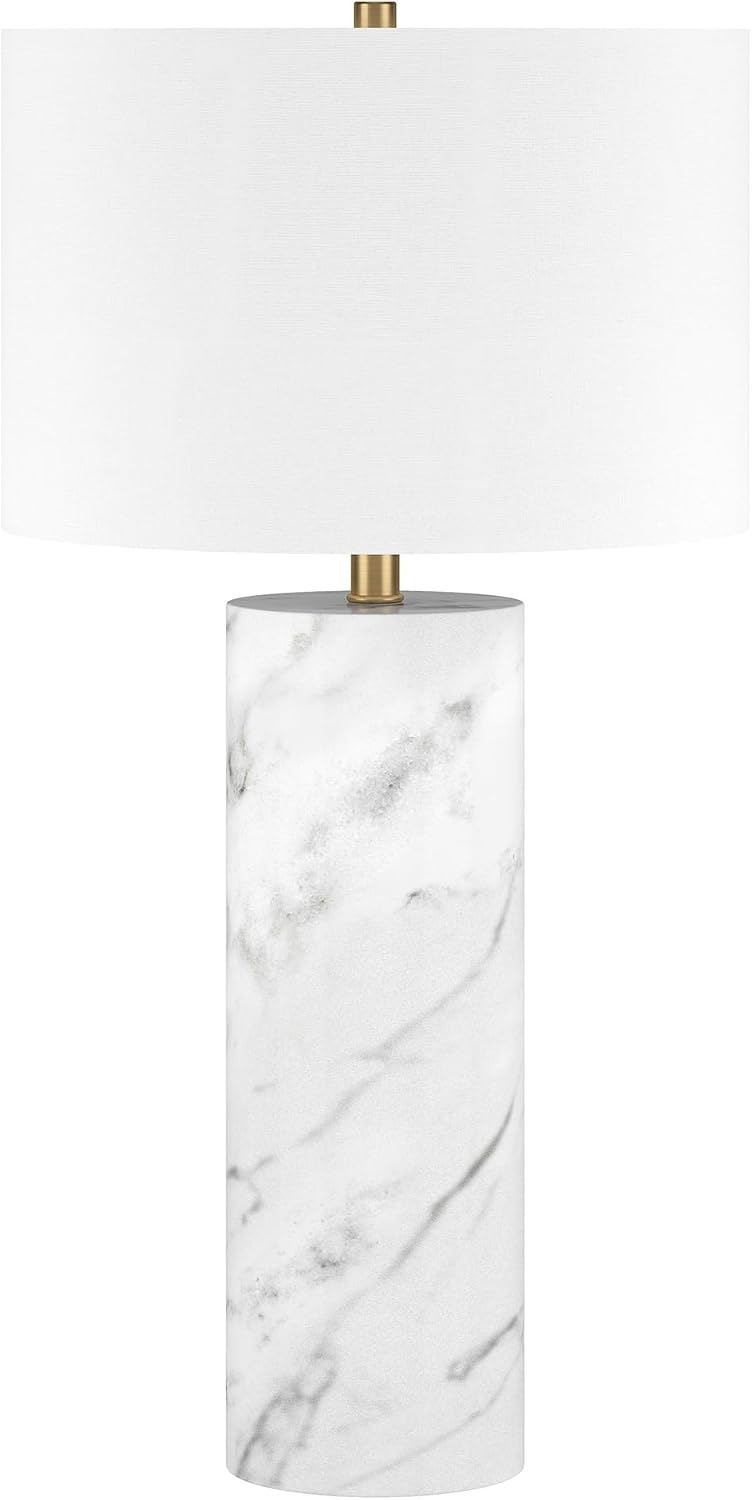 Henn&Hart 29.5' Glam 1-Light Table Lamp with White Fabric Drum Shade for Living Room, Bedroom, or Office, Carrara/Gold