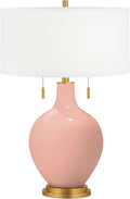 Color + Plus Toby 28' Tall Modern Table Lamp Pull Chain Mellow Coral Pink Brass Finish Glass Single Fabric White Shade Living Room Bedroom Bedside Nightstand House Office Home Reading Kitchen
