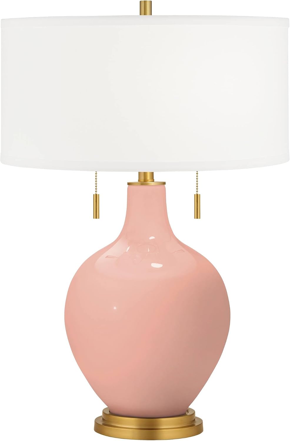 Color + Plus Toby 28' Tall Modern Table Lamp Pull Chain Mellow Coral Pink Brass Finish Glass Single Fabric White Shade Living Room Bedroom Bedside Nightstand House Office Home Reading Kitchen