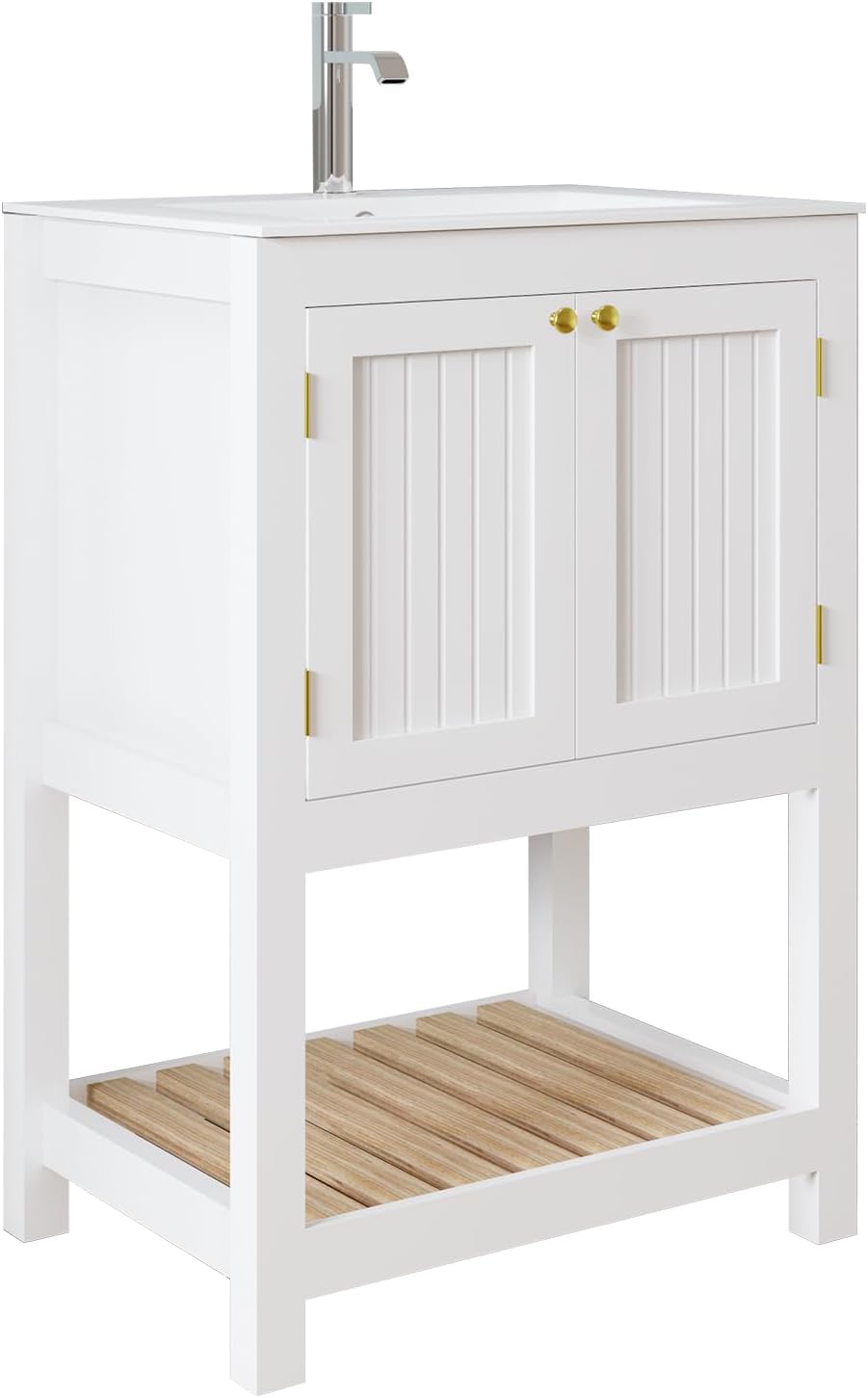 24 Inch Small Bathroom Vanity with Sink, Modern Bathroom Sink Cabinet with Open Shelf, Ceramic Basin, White
