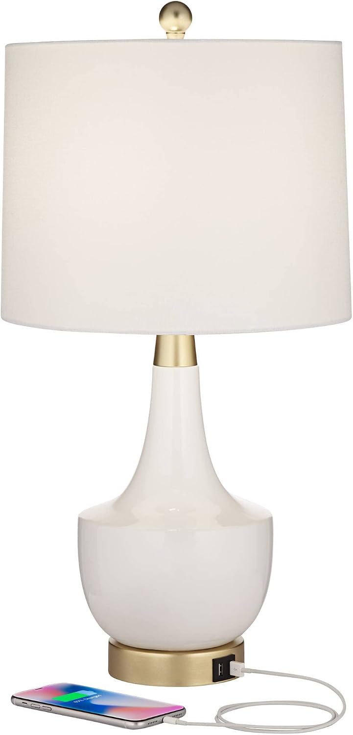 360 Lighting Nesbit 25' High Mid Century Modern Table Lamps Set of 2 USB Port White Gold Ceramic Metal Fabric Shade Living Room Charging Bedroom Bedside Nightstand House Office Home Reading Kitchen