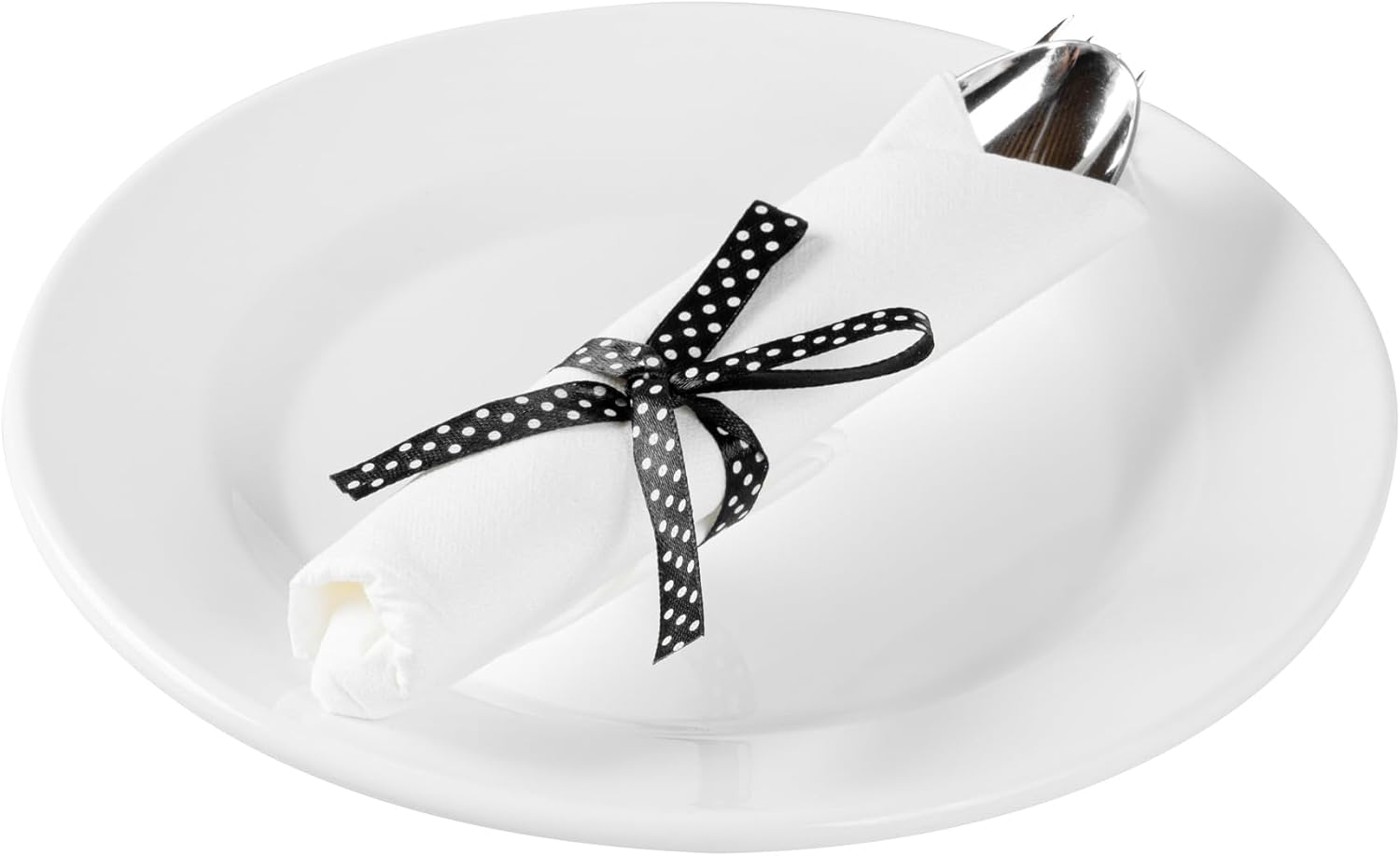 Restaurantware-7.3 Inch x 2 Inch Plastic Cutlery Sets, 100 Flatware Sets - Polka Dot Ribbon, With White Napkin, Individually Wrapped, Silver Plastic Disposable Cutlery Sets, For Weddings And Events