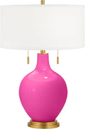 Color + Plus Toby 28' Tall Modern Glass Table Lamp Pull Chain Fuchsia Pink Gold Brass Finish Single Fabric White Shade Living Room Bedroom Bedside Nightstand House Office Family Reading Kitchen