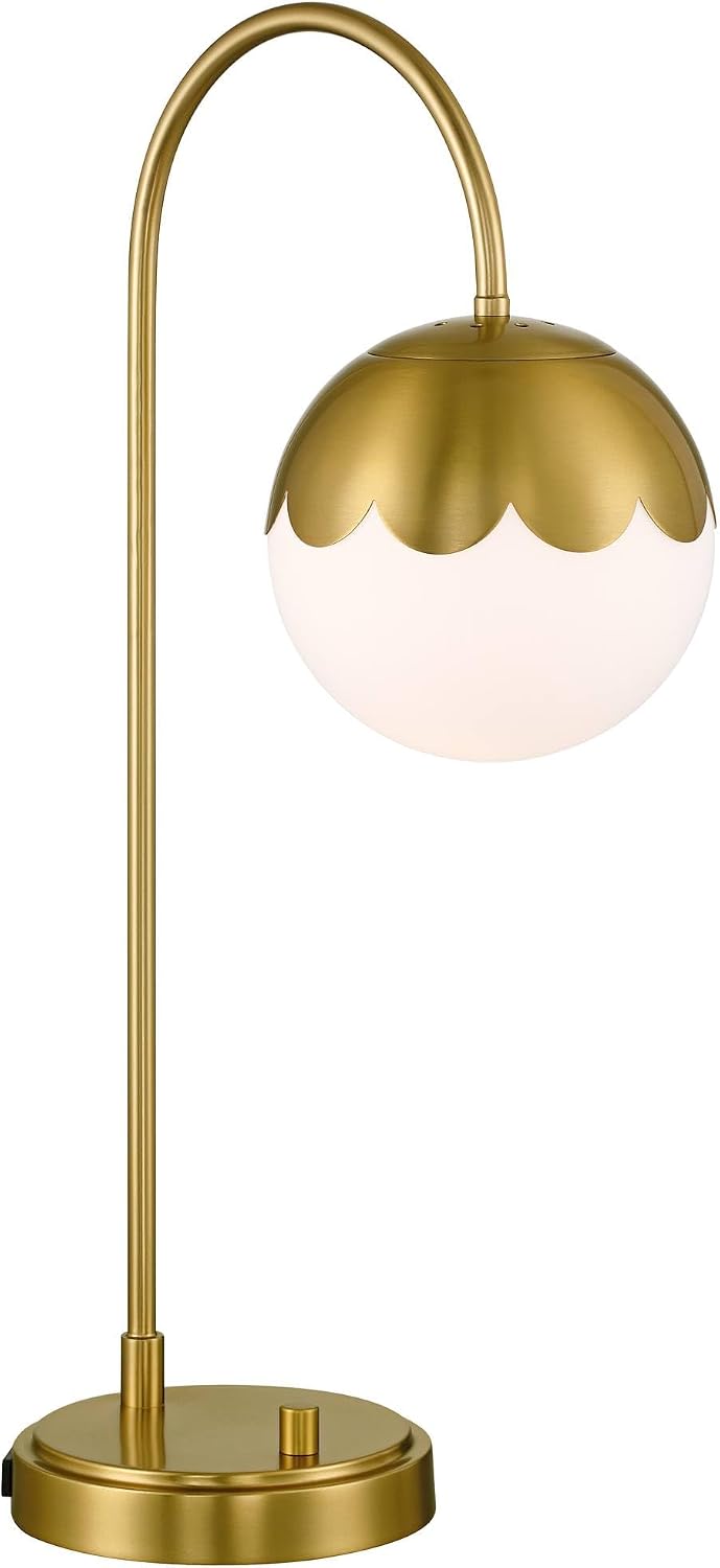 360 Lighting Kelowna 25' High Modern Desk Lamp with USB Charging Ports A+C and AC Power Outlet Gold Antique Brass Finish Metal White Globe Shade Home Office Living Room Bedroom
