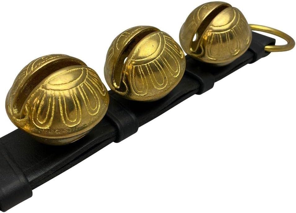 Rustic Red Door Co. Hanging Jingle Sleigh Bells on Leather Strap for Door Knob, Dog to Go Outside, Pet Puppy Potty Training, Christmas Decor, 4 Brass Bells, Black Leather