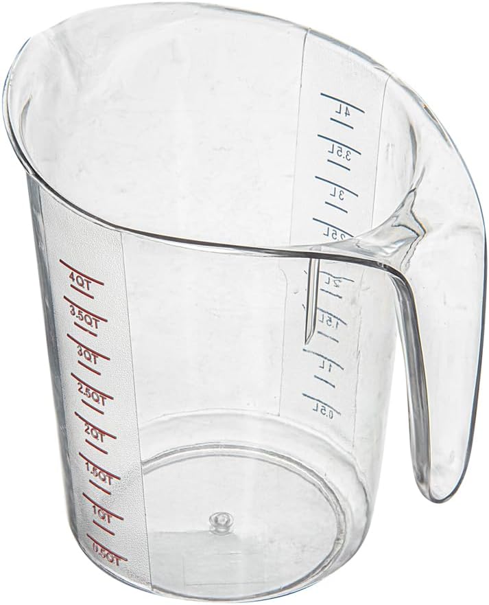 Restaurantware RW Base 4 Quart Measuring Jars 10 Durable Measuring Beakers - Metric And Imperial Units V-Shaped Spout Clear Plastic Measuring Cups Handle With Thumb-Grip Tolerates Up To 248F
