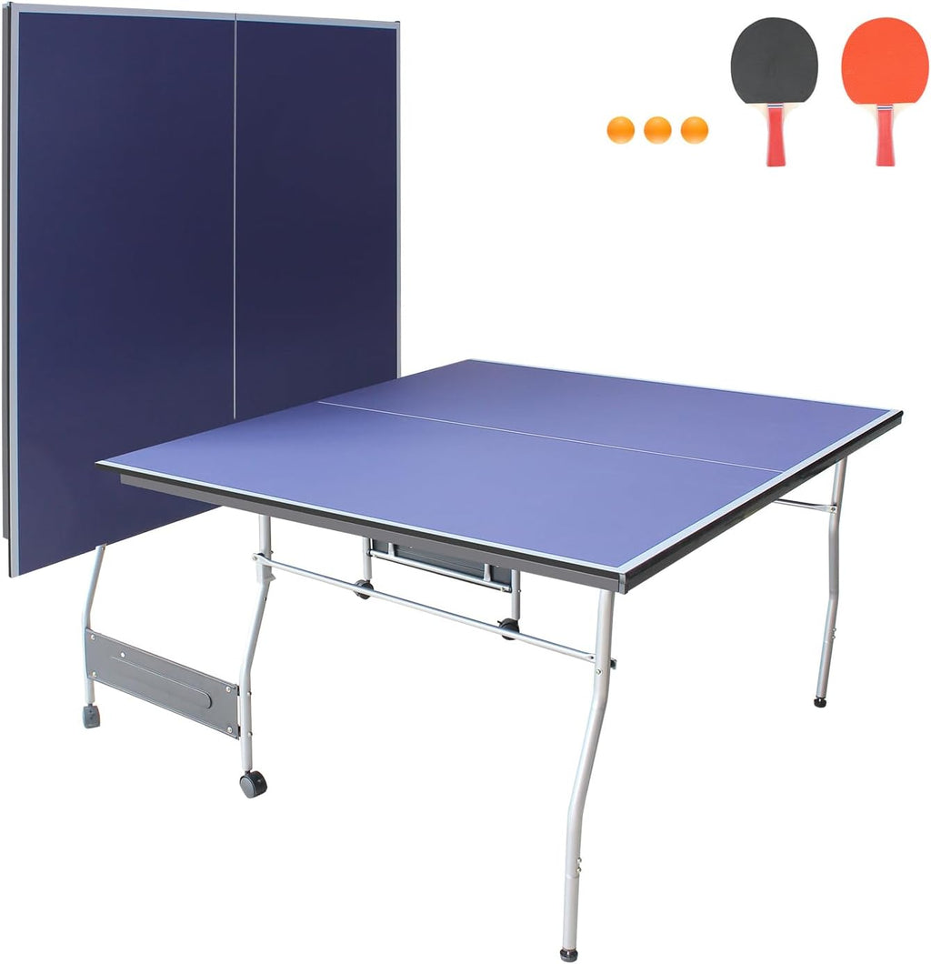 Table Tennis Table, Portable Ping Pong Table Game Set, 8ft Mid-Size Folding Indoor Outdoor Table Tennis Game Set with Net, 2 Table Tennis Paddles and 3 Balls for Adults/Teens