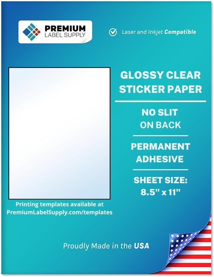 Premium Label Supply Glossy Clear Sticker Paper – 8.5' x 11' Full Sheet Labels – Laser/Inkjet Compatible – 1000 Sheets