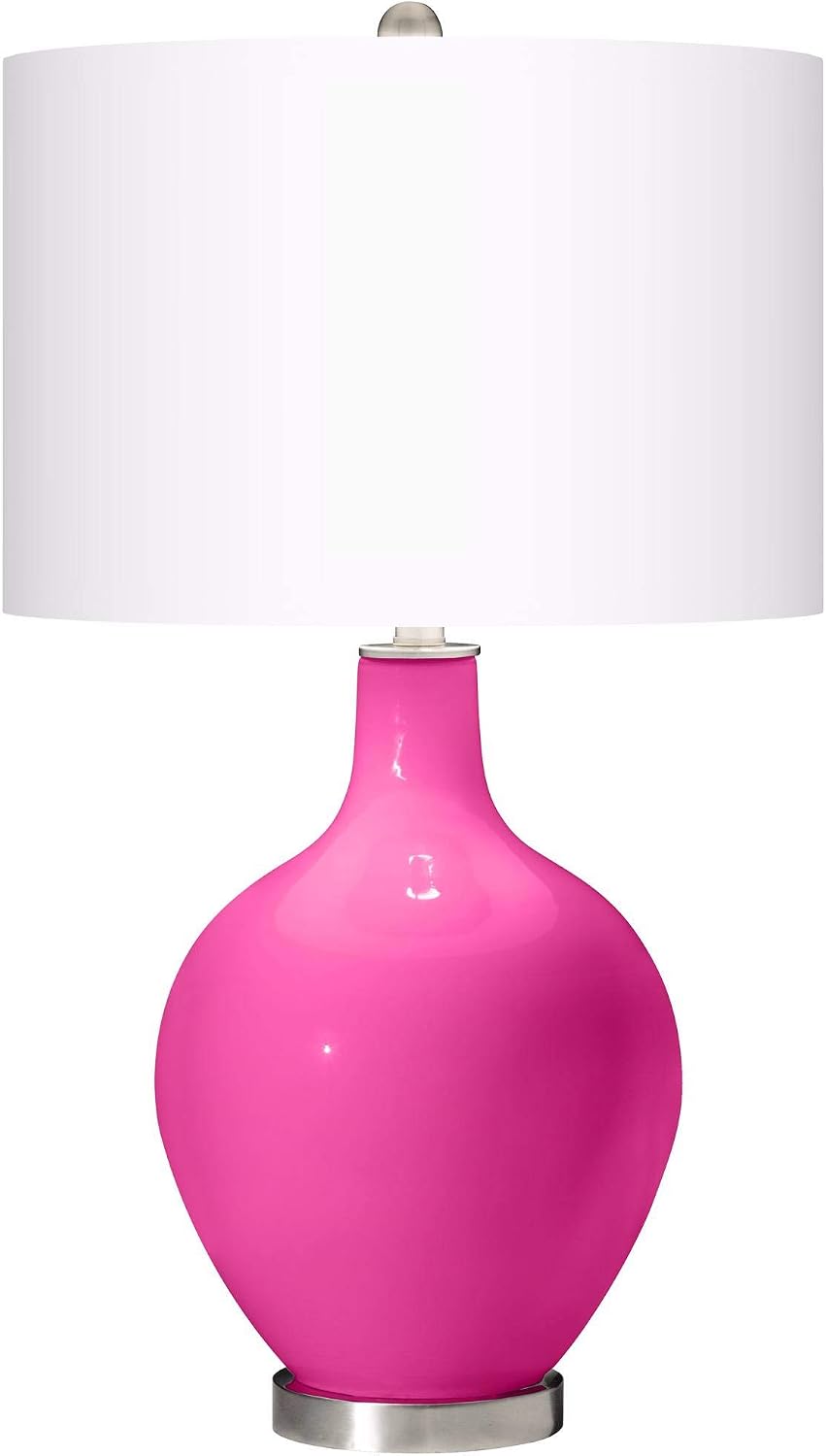 Color + Plus Modern Table Lamp 28.5' Tall Fuchsia Glass OVO White Linen Drum Shade for Living Room Family Bedroom Bedside Nightstand Office