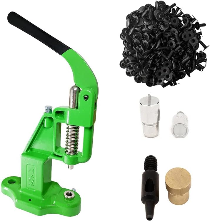 9mm Rivets Kit (1000 Sets) with Hand Press Machine, Dies and Hole Punch. Leather Rivets Single Round Cap Metal Stud Fasteners for Bag Belt Wallet Jeans(Green Press & Black Rivets)