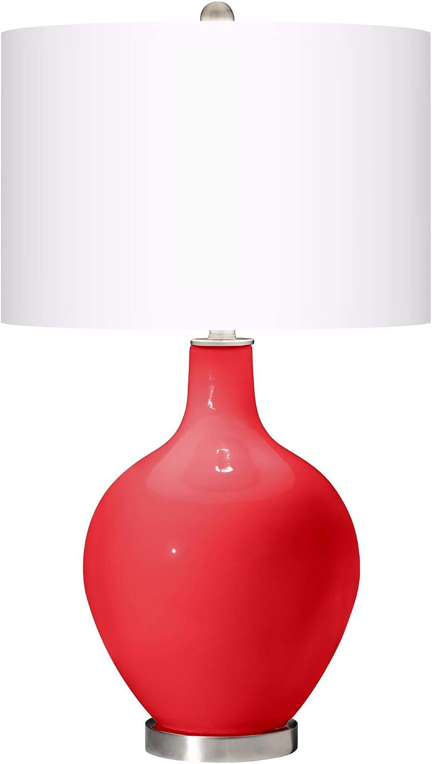 Color + Plus OVO 28 1/2' Tall Modern End Table Lamp Poppy Red Brushed Nickel Finish Glass Single Linen White Shade Living Room Bedroom Bedside Nightstand House Office Home Reading Kitchen Entryway