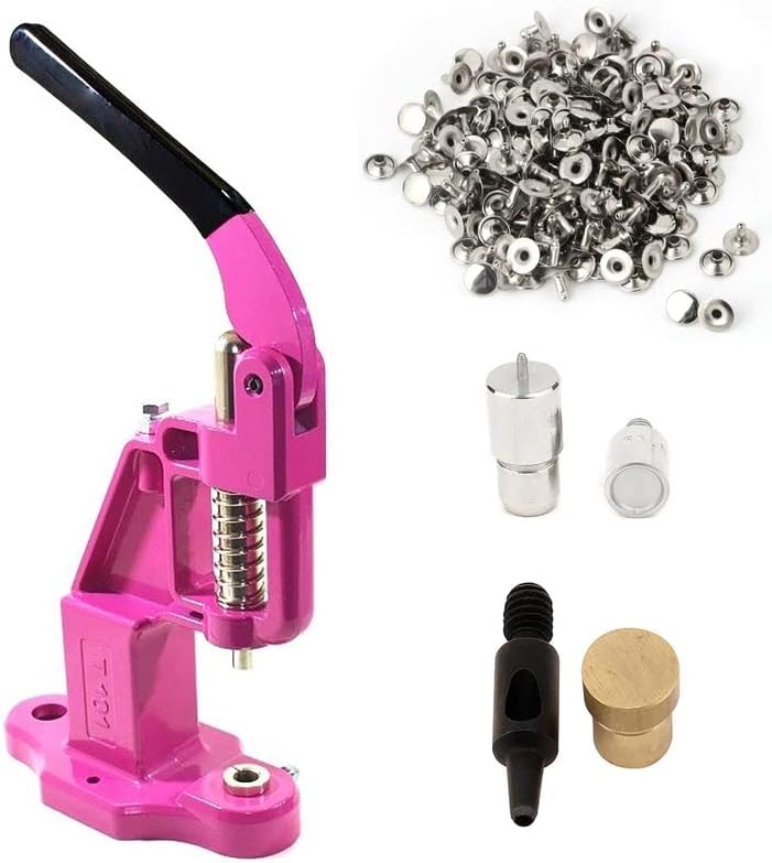9mm Rivets Kit (1000 Sets) with Hand Press Machine, Dies and Hole Punch. Leather Rivets Single Round Cap Metal Stud Fasteners for Bag Belt Wallet Jeans(Pink Press& Silver Rivets)
