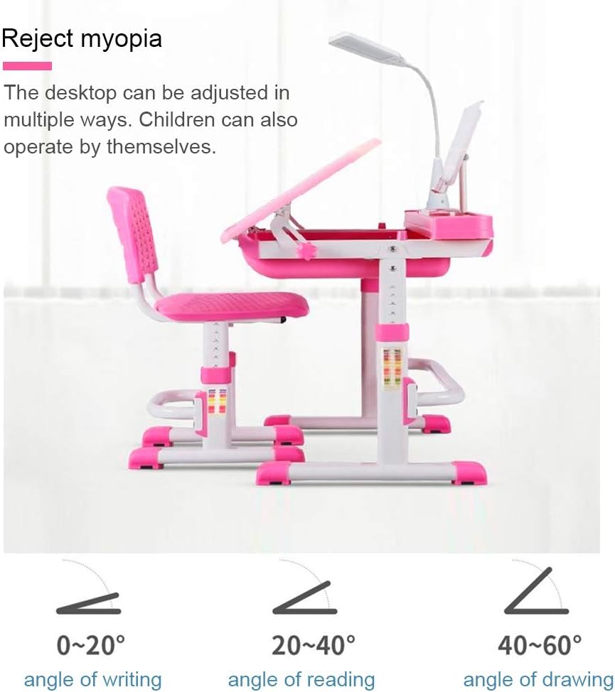 Cantonape Kids Desk and Chair Set, Height Adjustable Children School Study Desk with Tilt Desktop, Bookstand, LED Lamp, Metal Hook and Storage Drawer for Boys Girls, Pink
