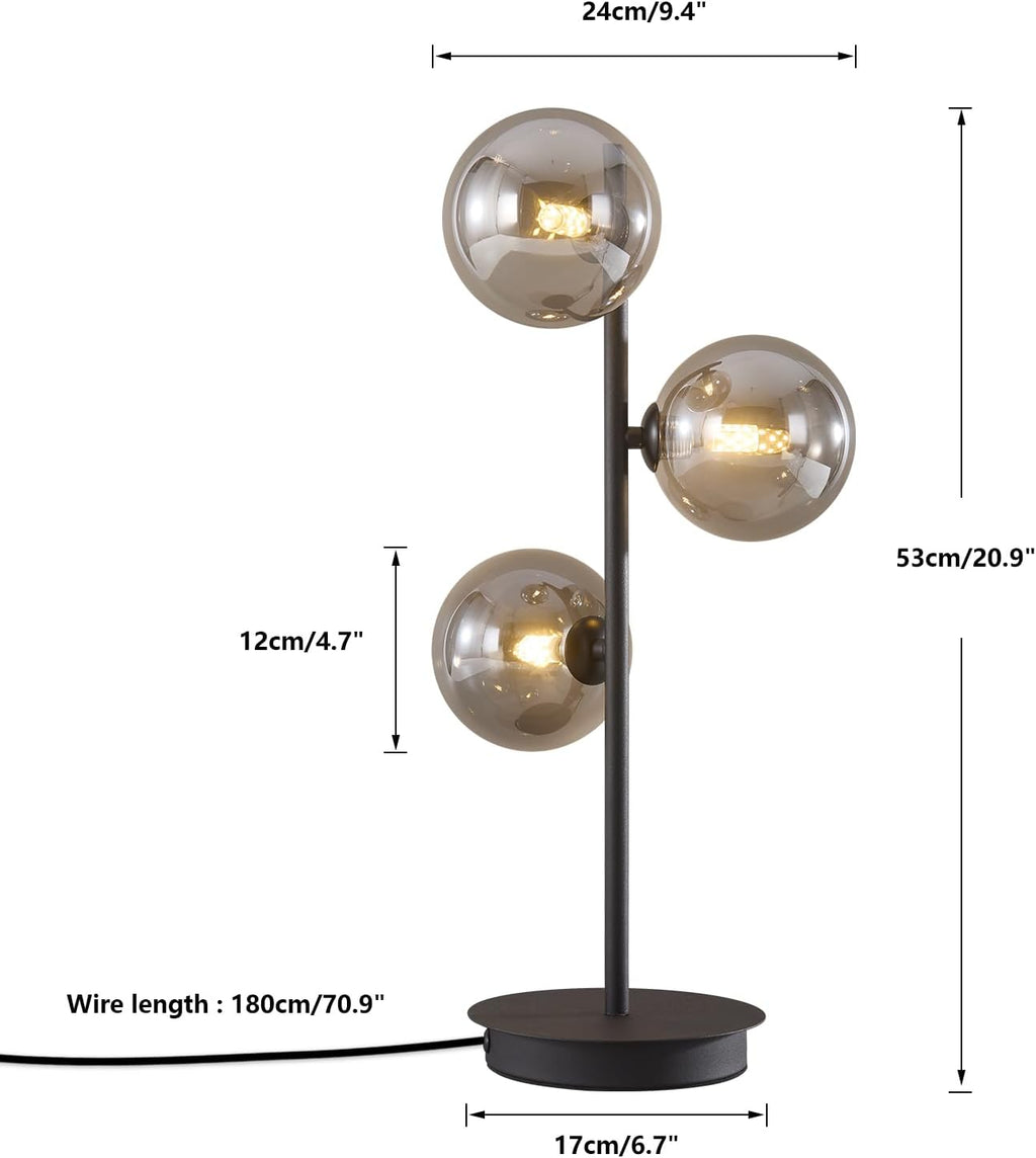 Mid Century Modern Table Lamp, Black 3 Light Reading Lamp with Smoky Grey Glass Shade, Bedside Lamp for Bedroom Living Room Study Room