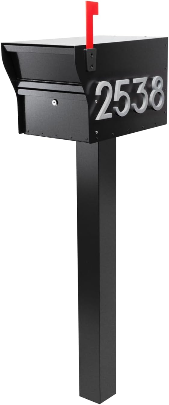Whitehall MailVault Streetside Locking Mailbox with Standard Post and Personalizable Stand-Off Numbers – Steel, Secure Weather Resistant Modern Square Mailbox & Post (Black/Silver)