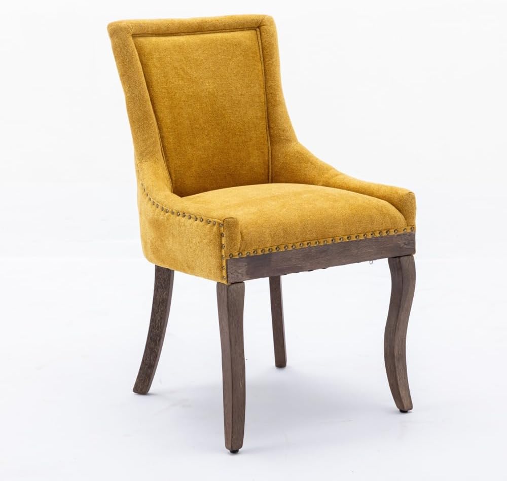 Dining Chairs Set of 2, Thickened Fabric Upholstered Chair with Neutral Solid Wood Legs & Bronze Nailhead Trim, Comfortable Accent Chairs for Dining Room/Kitchen/Living Space(Golden + Fabric)