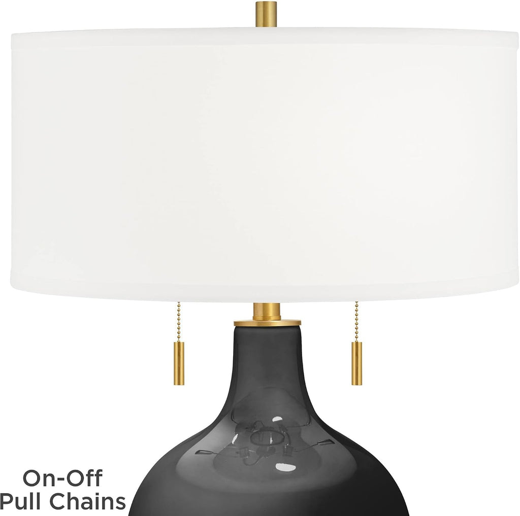 Color + Plus Toby 28' Tall Modern Glass Table Lamp Pull Chain Tricorn Black Gold Brass Finish Single Fabric White Shade Living Room Bedroom Bedside Nightstand House Office Family Reading Kitchen
