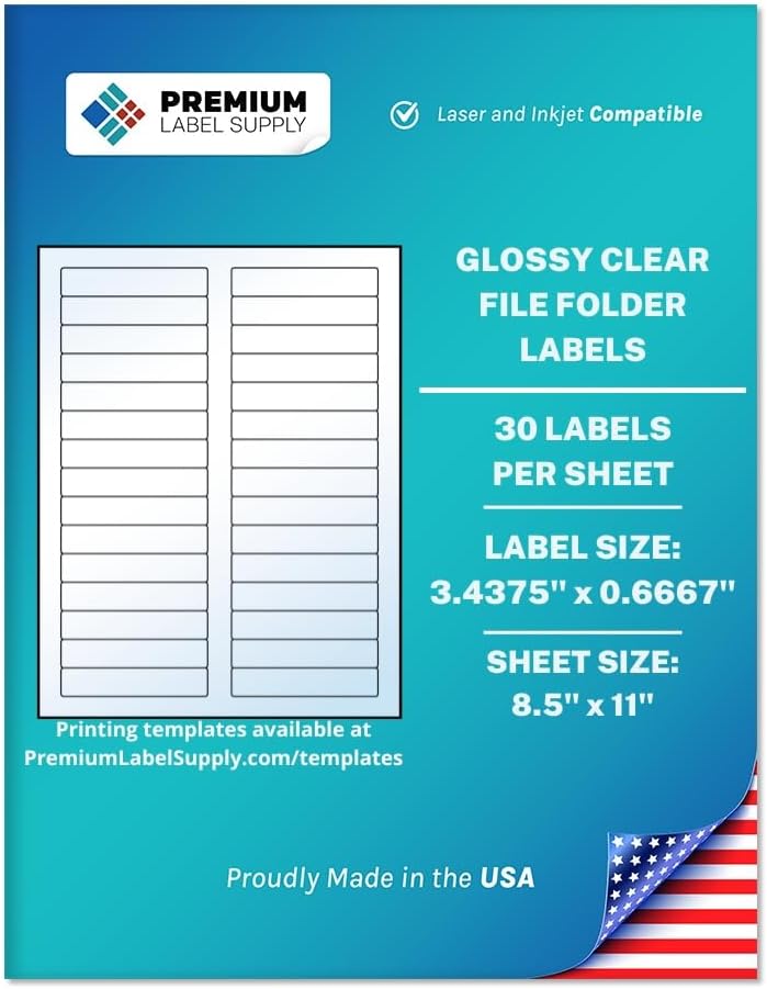 Premium Label Supply Glossy Clear File Folder Labels – 3.4375' x 0.6667' – Laser/Inkjet Compatible – (30 per Sheet) – 30,000 Total Adhesive Labels