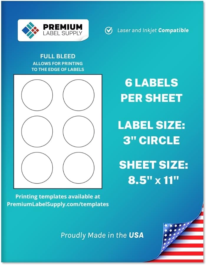 Premium Label Supply White Sticker Round Labels with Bleed – 3' Circle – Laser/Inkjet Compatible – (6 per Sheet), 1000 Sheets – 6,000 Total Adhesive Labels
