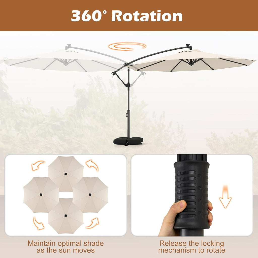 Tangkula 10ft Solar Patio Umbrella with Base Included, Offset Cantilever Outdoor Umbrella with 32 LED Lights, 360 Degree Rotation, Crank Handle for Pool Deck Garden Backyard (Beige)