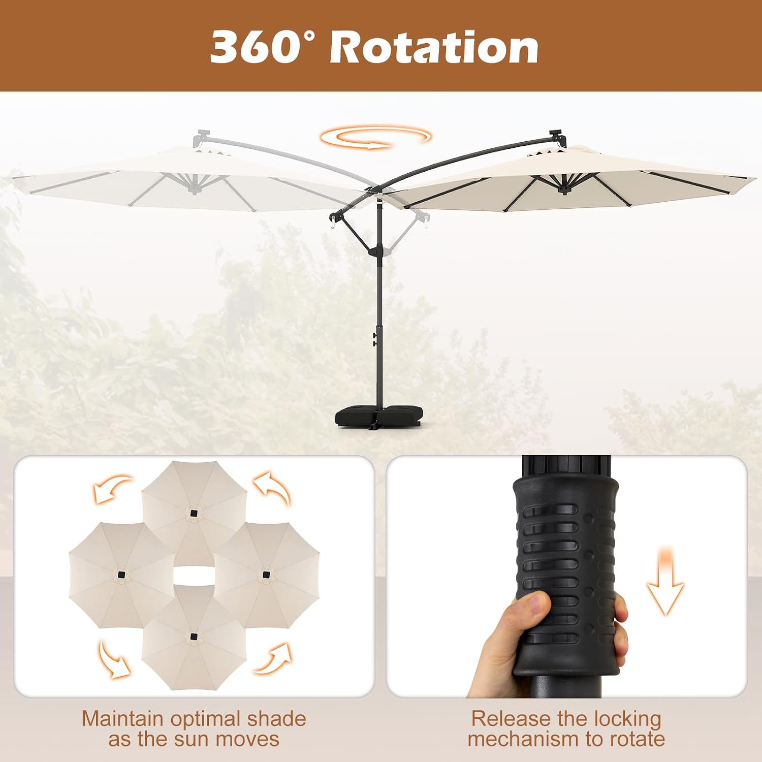 Tangkula 10ft Solar Patio Umbrella with Base Included, Offset Cantilever Outdoor Umbrella with 32 LED Lights, 360 Degree Rotation, Crank Handle for Pool Deck Garden Backyard (Beige)