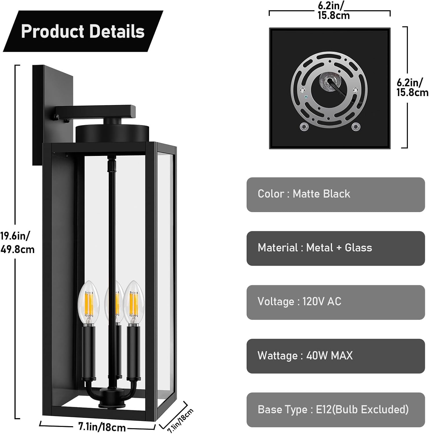 20in Large Outdoor Wall Light Fixtures, Exterior Lighting Fixtures Porch Sconces Wall Mounted, Waterproof Black Outdoor Wall Lanterns Lamps, Outside Lights for House Patio Front Door Entryway, 2-Pack