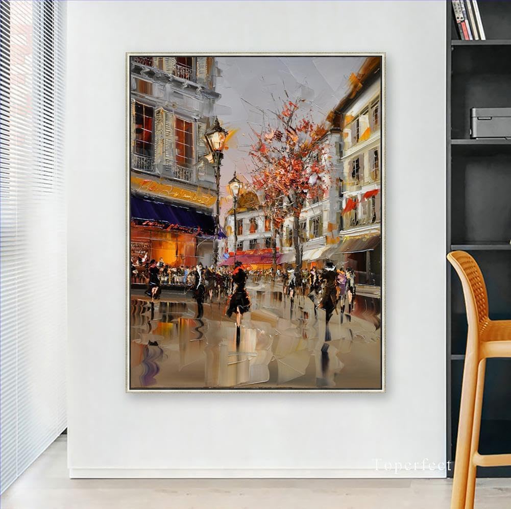 24 Modern Contemporary Cityscape Oil Painting - Art on Canvas Featuring Pink Blossoming Trees, Urban Streets, and Stylish Girls. Handmade European Artwork by College Teachers, Perfect for Home decor