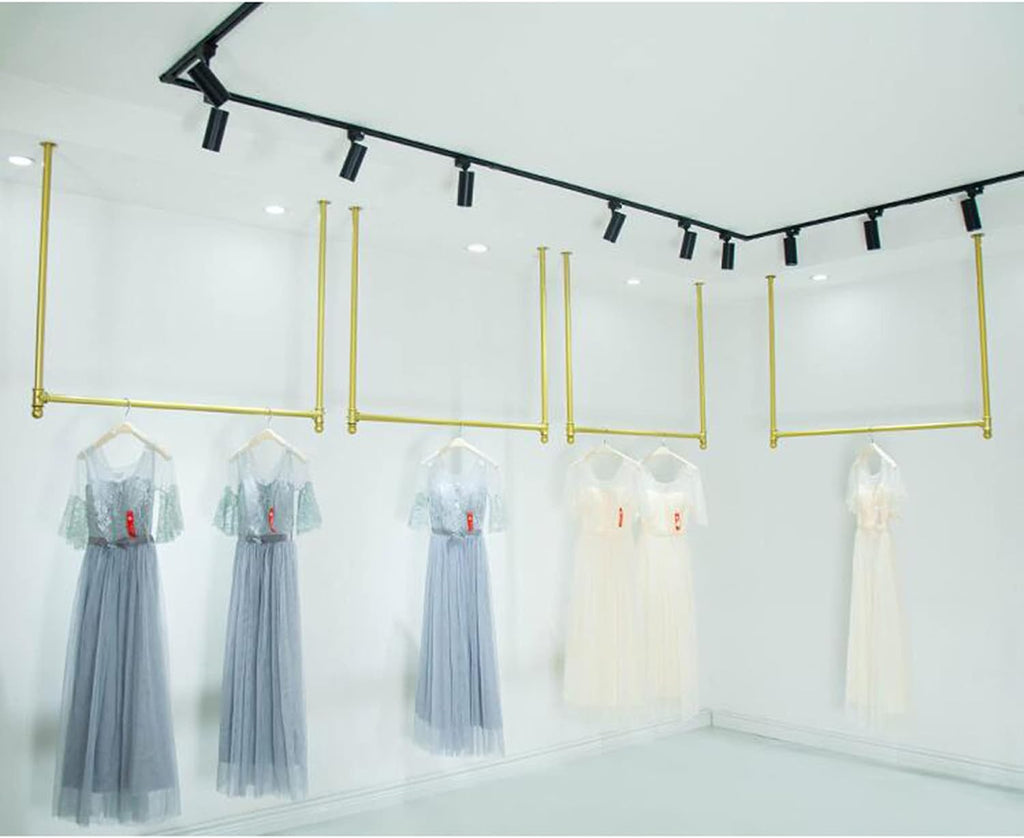 Wall-Mounted Clothing Display Rack, Heavy-Duty Multifunctional Metal Clothes Rail, Bridal Shop Shelf Ceiling Hanger, Clothes Storage Organizer(Golden-100Cmx120Cm