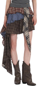 Plaid Splicing Skirts for Women Irregular Ruffle Hem Sexy High Waist Asymmetrical Mini Skirt with Streamers