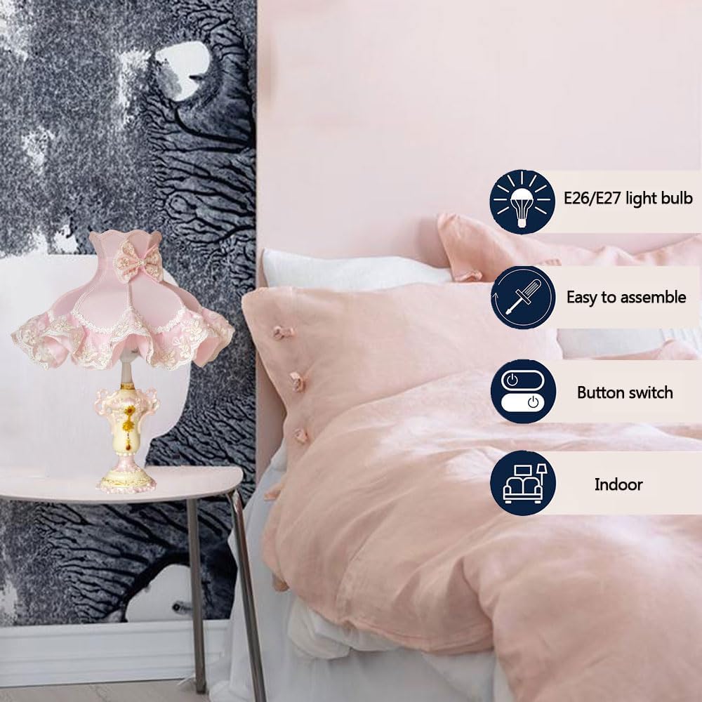 European Style Pink Table Lamps Victorian Desk Lamp American Retro Handmade Fabric Lampshade with Resin Lamp Body Bedside Lamp for Girl's Bedroom Office Living Room