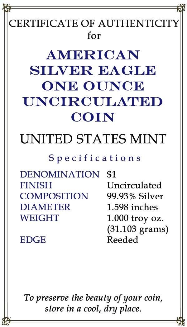 2019 - American Silver Eagle in Plastic Air Tite with our Certificate of Authenticity Dollar Uncirculated Us Mint