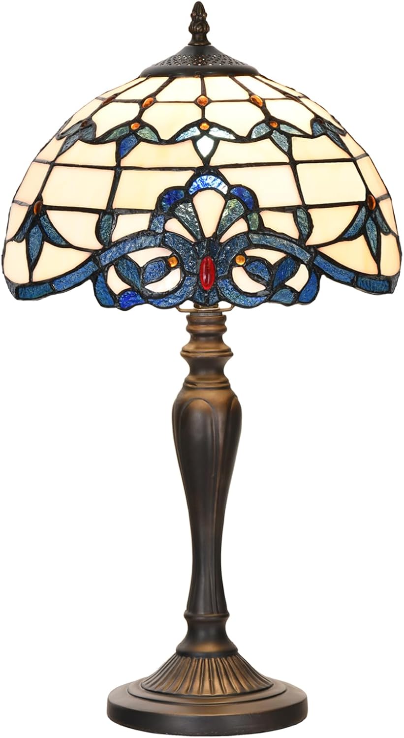 TL0003 Tiffany Table Lamp Bedside Stained Glass Lamp Blue Baroque Reading Desk Light 12X21.5 Inches for Bedroom Living Room Home Office,Vintage Look Handcrafted Accent Décor