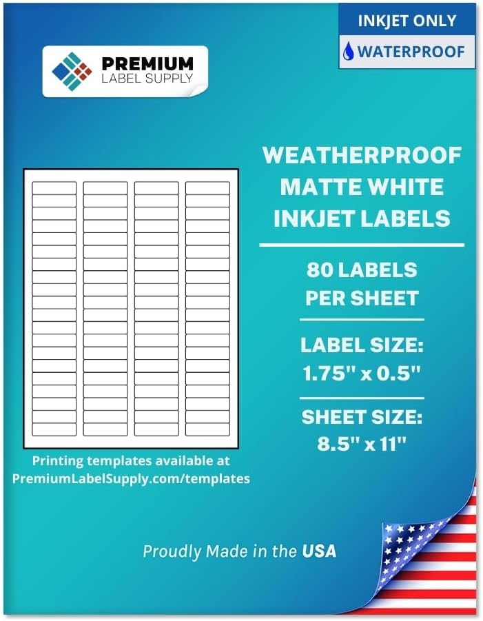 Premium Label Supply Waterproof White Return Address Sticker Labels – 1.75' x 0.5' – Inkjet Printers Only – (80 per Sheet), 500 Sheets - 40,000 Total Adhesive Labels