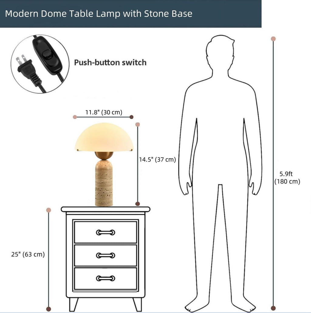 Scandinavian Modern Table Lamp Frosted Glass Shade Travertine Lamp Natural Stone Desk Lamp Mid-Century Dome Bedside Lamps for Living Room Side Lamps Bedroom Nightstand Light