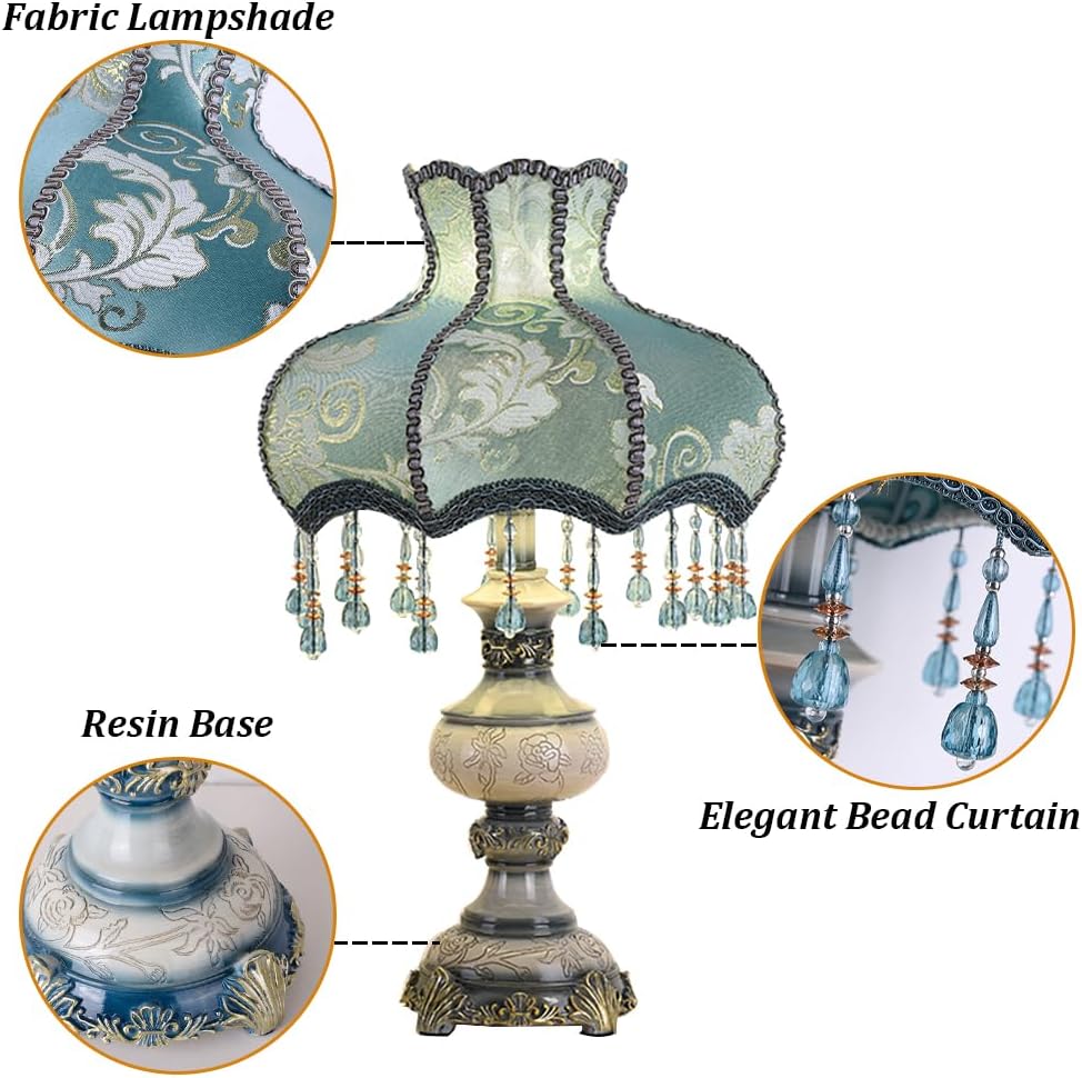 Victorian Style Blue Table Lamp, Flower Decorative Bedside Desk Lamp with Bead Curtain, Resin Base, Elegant Night Light for Bedroom Nightstand