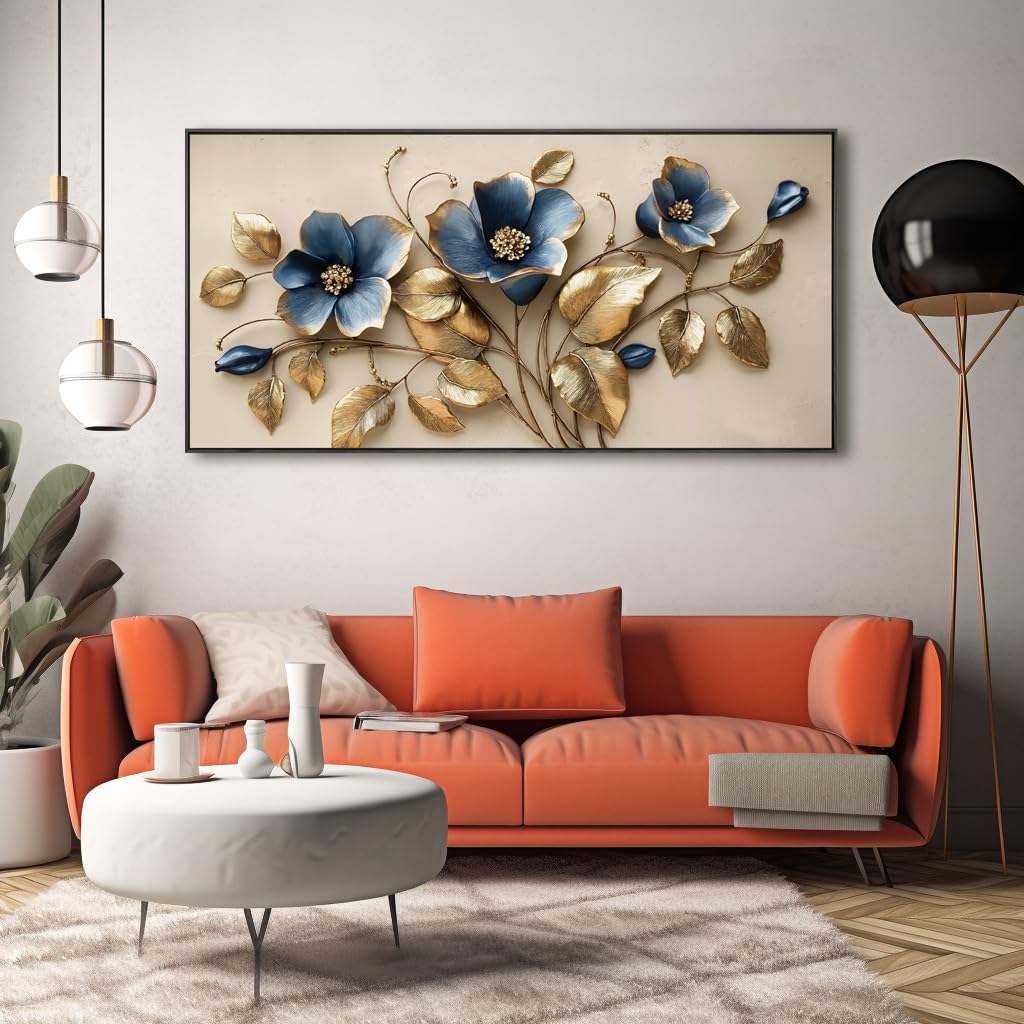 Solid wood Framed blue 3D Flowers Wall Art for Bedroom Home Decor Artwork for Wall Blue Abstract Background Golden leaf Wall Decor Canvas Print Office Living Room Decor Ready to Hang 24x48inch