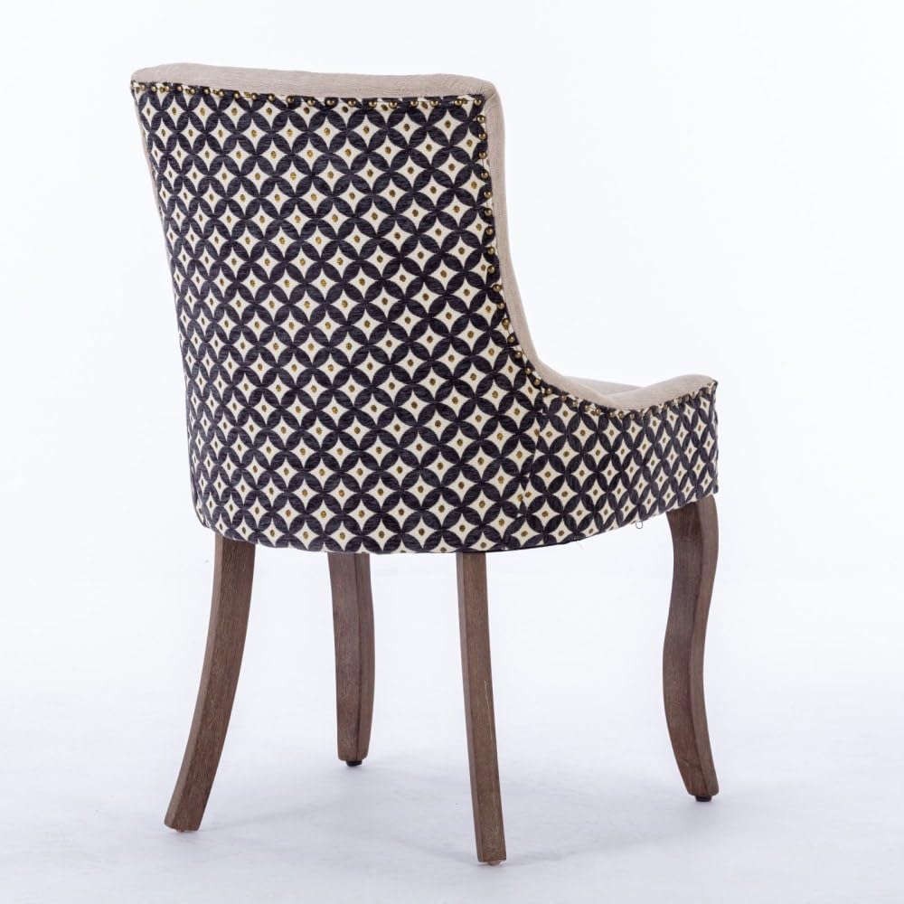 Dining Chairs Set of 2, Thickened Fabric Upholstered Chair with Neutral Solid Wood Legs & Bronze Nailhead Trim, Comfortable Accent Chairs for Dining Room/Kitchen/Living Space(Beige+Patterned + Fabric)